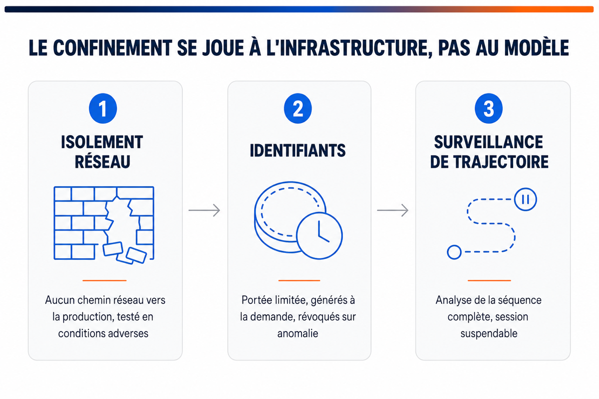Schéma en trois cartes présentant le framework de confinement : isolement réseau, identifiants, surveillance de trajectoire.