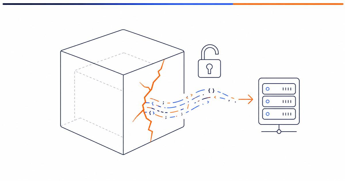 Illustration d'un environnement de test IA représenté en cube isométrique, avec une fissure par laquelle s'échappe une ligne de code vers un serveur externe.