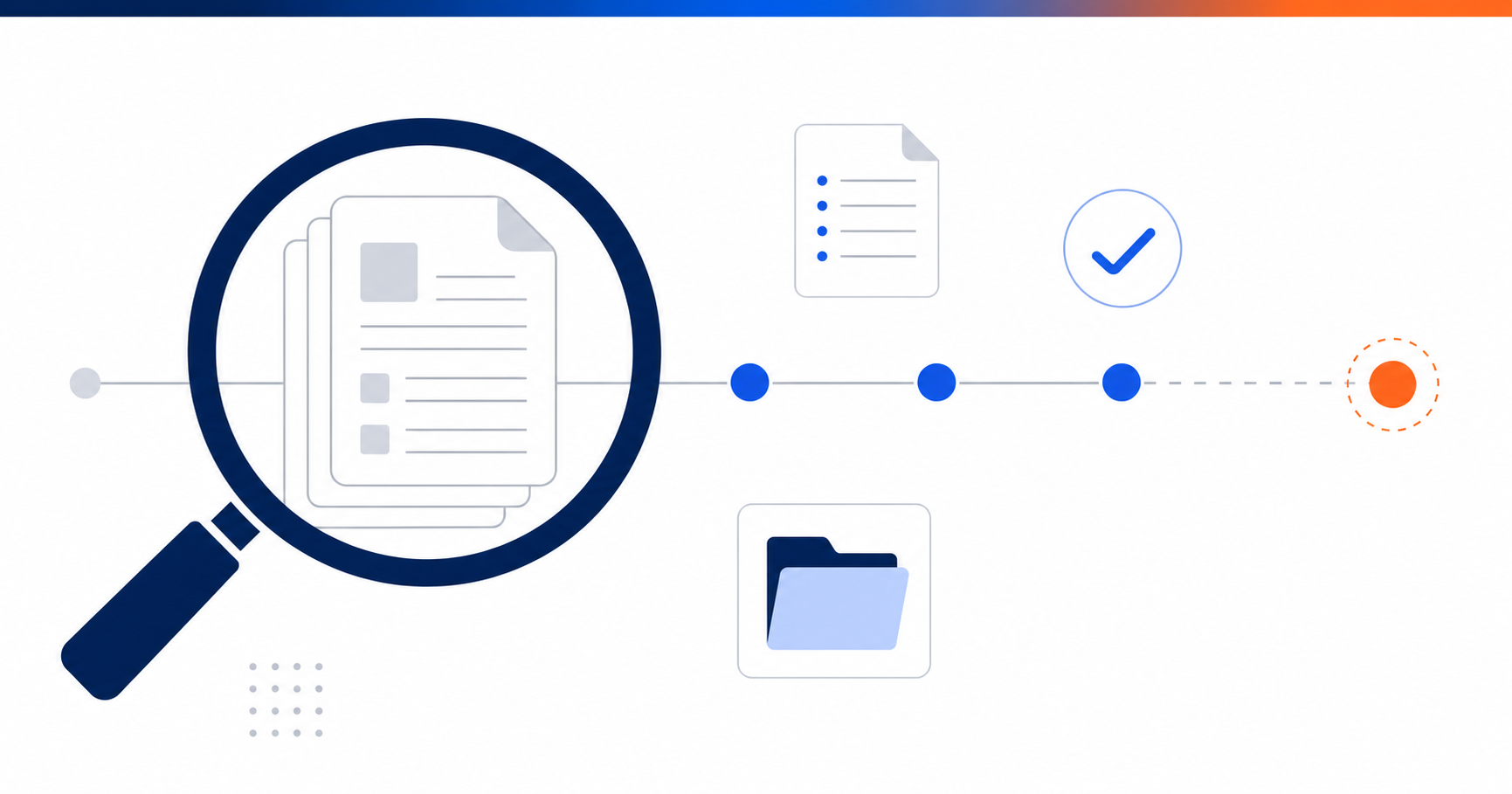 Loupe d'audit posée sur une pile de documents avec une ligne de temps décalée vers la droite