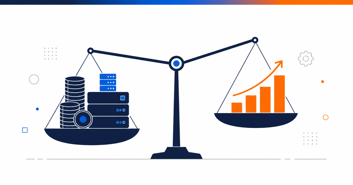 Balance comparant les coûts IA et la valeur mesurée, illustration flat design
