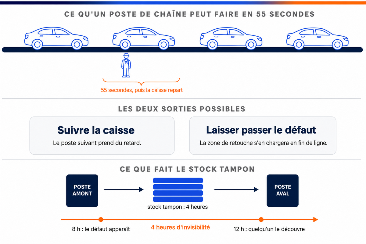 Schéma expliquant le temps de cycle d'un poste de chaîne, les deux réactions possibles à un défaut, et les heures d'invisibilité créées par un stock tampon