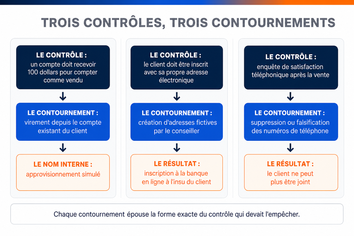 Schéma en trois colonnes reliant chaque contrôle interne au contournement précis qu'il a produit dans les agences