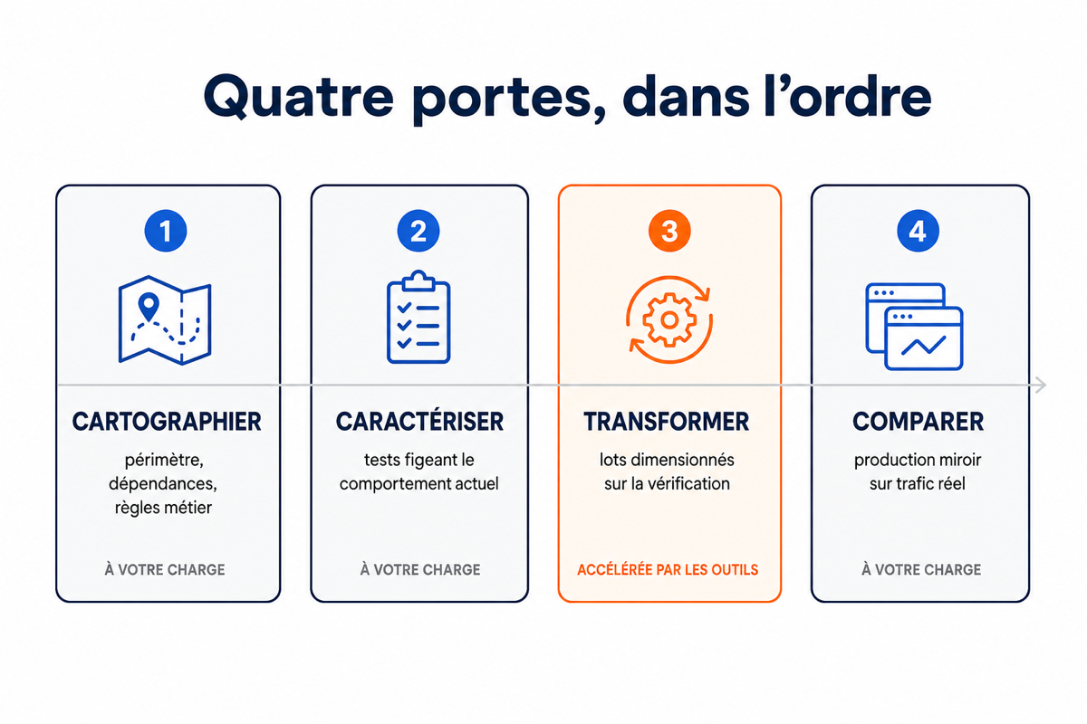 Quatre portes successives d'un programme de modernisation, dont une seule est accélérée par les outils.