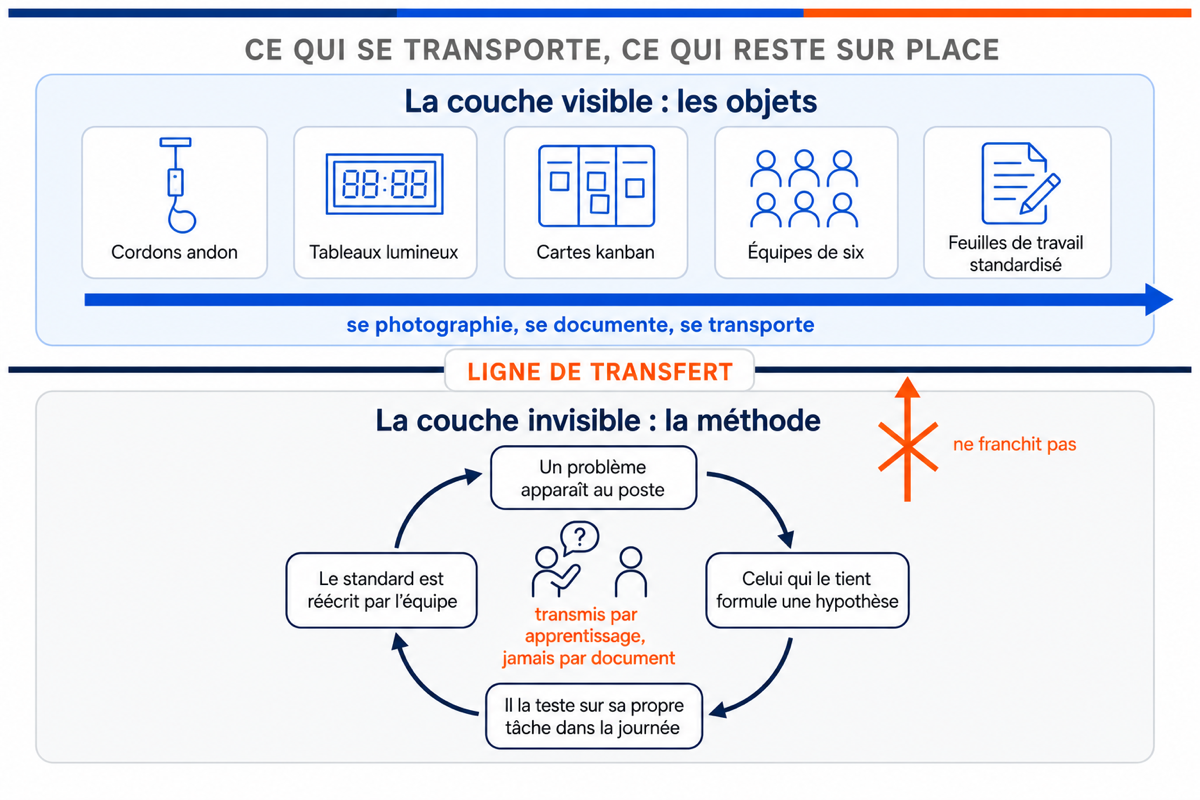 Schéma en deux couches opposant les objets copiables d'un système de production au cycle d'apprentissage qui ne franchit pas la ligne de transfert