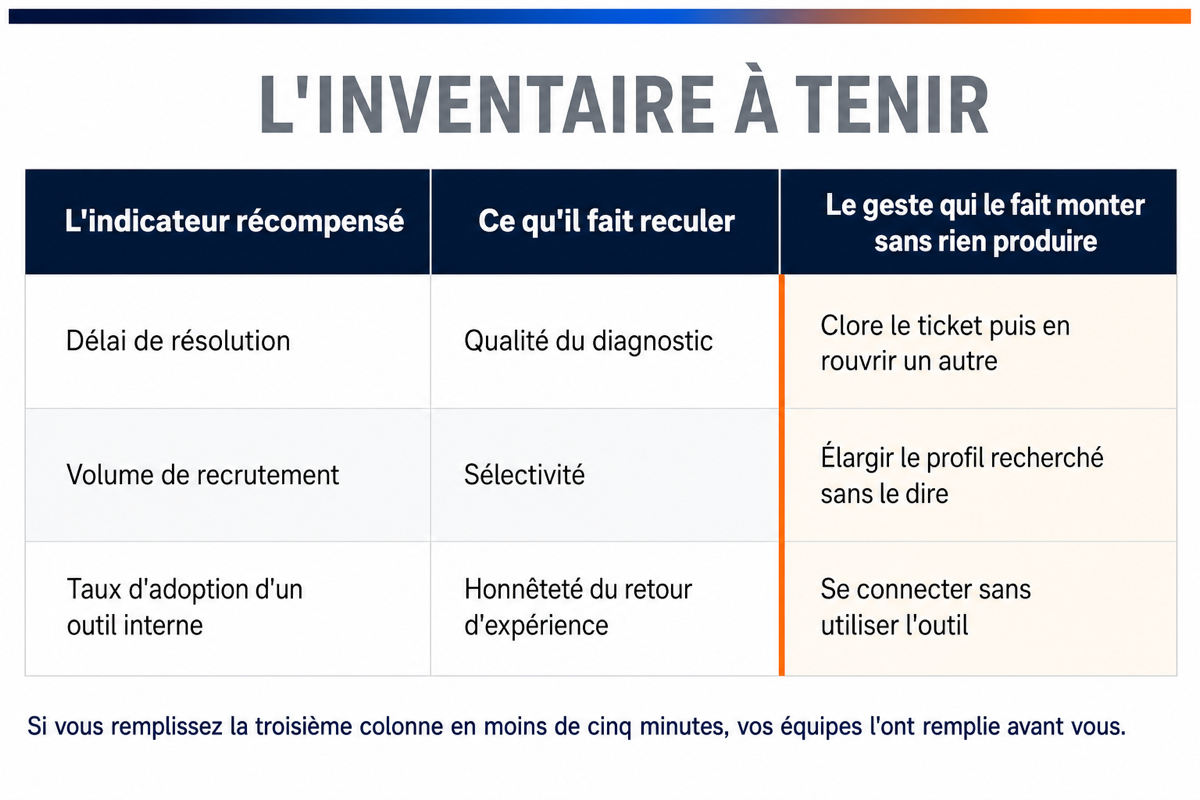 Tableau à trois colonnes reliant chaque indicateur récompensé à la dimension du travail qu'il fait reculer et au geste qui le fait monter à vide