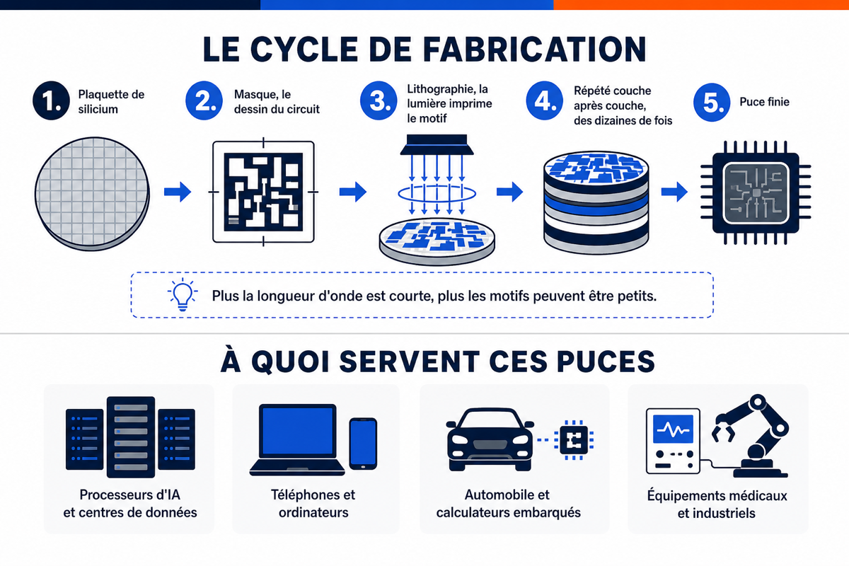 Schéma du cycle de fabrication d'une puce en cinq étapes, de la plaquette de silicium à la puce finie, suivi de quatre usages finaux