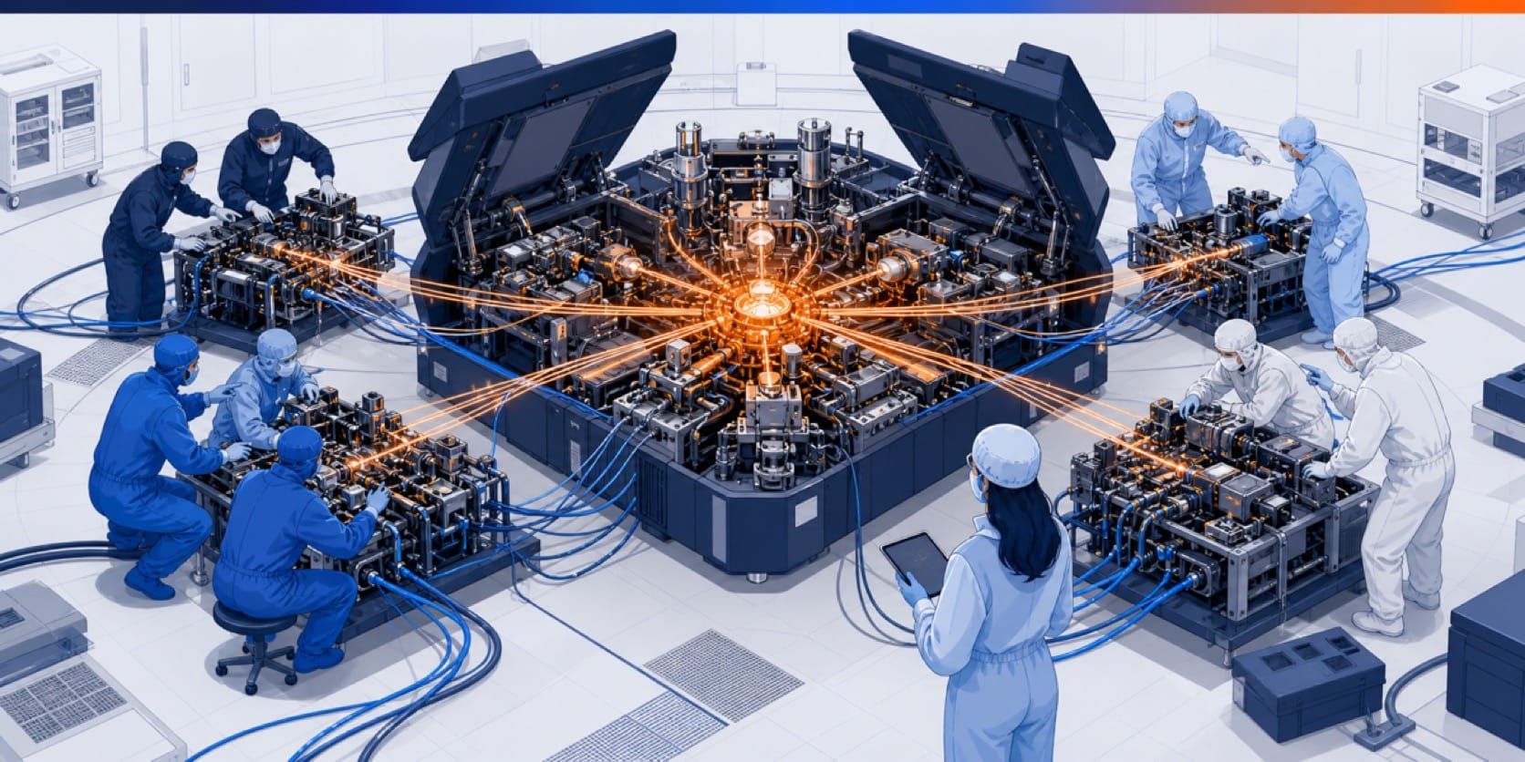 Quatre équipes d'ingénieurs venues d'entreprises différentes assemblent une même machine de lithographie, reliées par des faisceaux qui convergent vers son cœur