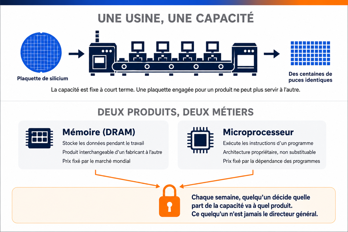 Schéma montrant une usine à capacité fixe, deux produits aux économies opposées, et la décision d'allocation hebdomadaire qui les départage