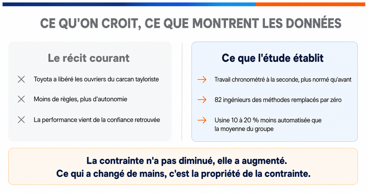 Comparaison en deux colonnes entre le récit courant d'une usine libérée et les données décrivant une organisation plus normée