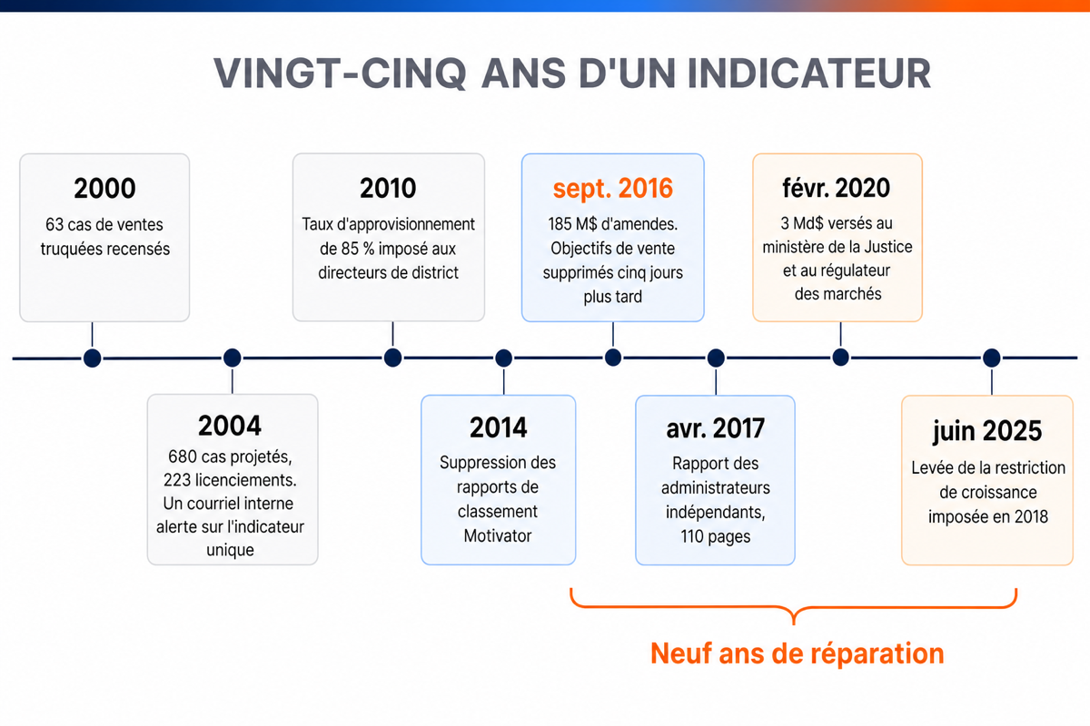 Frise de 2000 à 2025 retraçant la montée des ventes truquées, l'amende de 2016 et les neuf années de réparation réglementaire