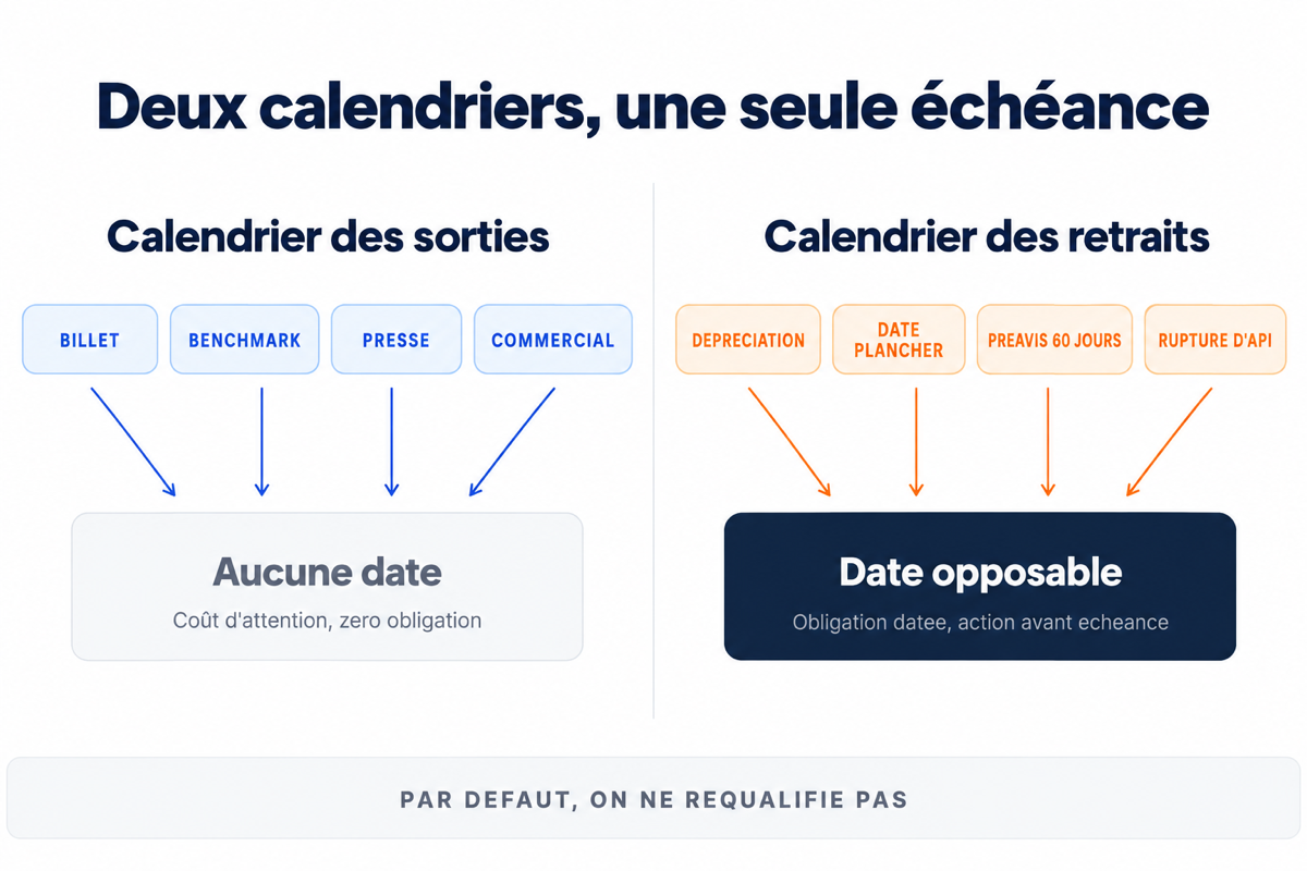 Schéma opposant un calendrier de sorties sans date à un calendrier de retraits portant une échéance opposable.