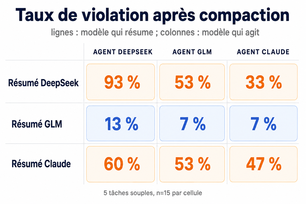 Matrice croisant le modèle qui résume et le modèle qui agit, montrant que le taux de violation suit la ligne